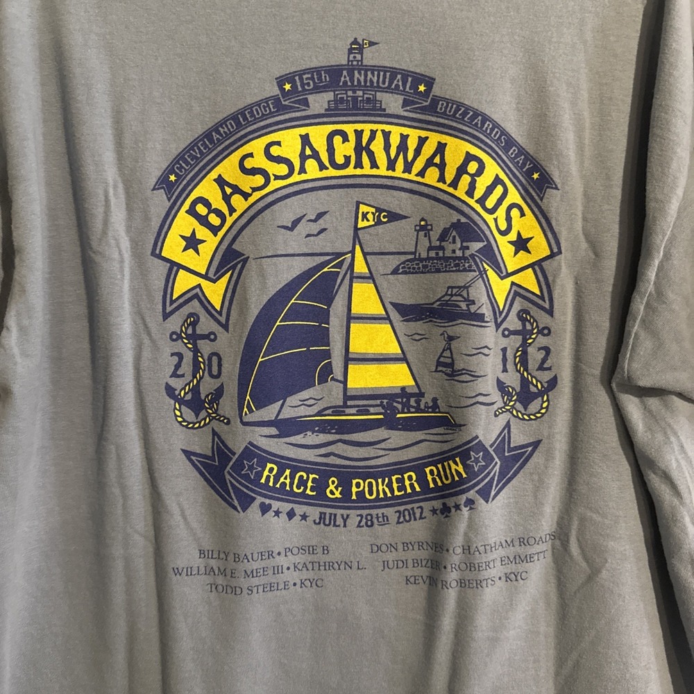 Gildan Bassackwards Sailboat Race Tshirt Mens Large Blue 2012 Poker Run Graphic
